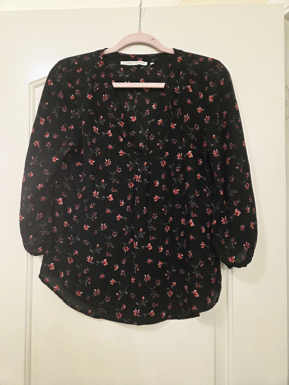 Violet & Claire Black Blouse with Pink Floral Print